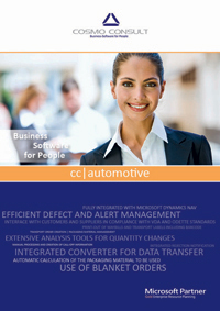 Factsheet cover of cc|automotive. cc|automotive supports you in handling all requirements of your customers and suppliers in an industry-specific software solution.
