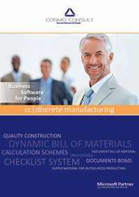 Factsheet cover of cc|discrete manufacturing. Discrete manufacturing offers an industry solution for make-to-order, configure-to-order and assemble-to-order companies involved in the manufacture of one-off products, small series or variants
