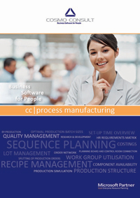 Factsheet cover of cc|process manufacturing: from procurement and quality control to recipe management and optimisation, and optimal capacity and sequence planning, all processes are integral components of the ERP solution Process Manufacturing.