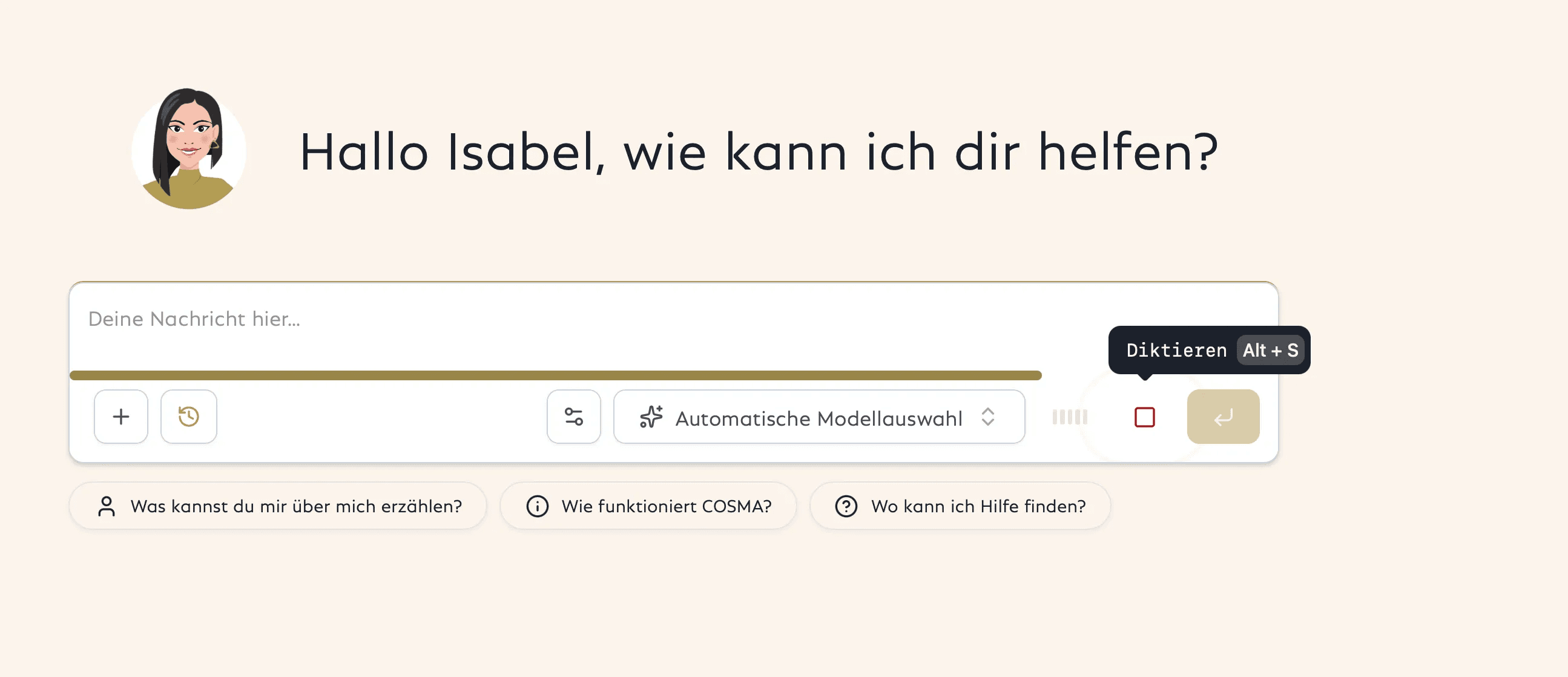 Screenshot der COSMA Benutzeroberfläche mit aktiviertem Diktier-Modus. 