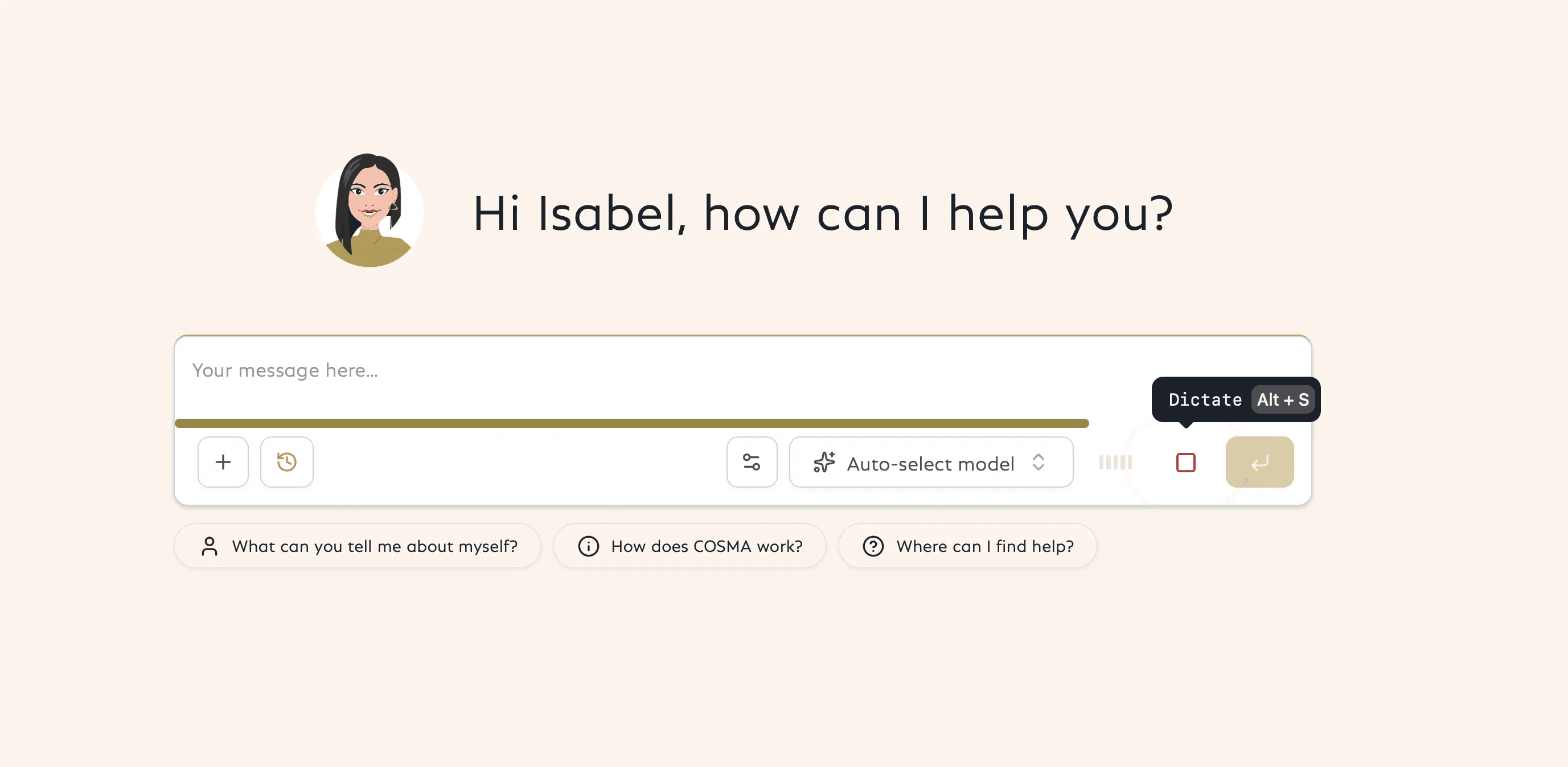 Screenshot of the COSMA user interface with dictation mode enabled. 