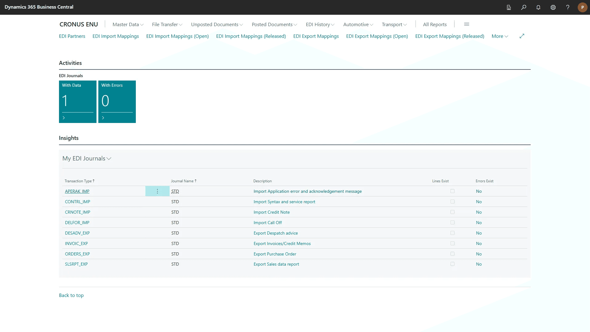 EDI role center in Microsoft Dynamics 365 Business Central