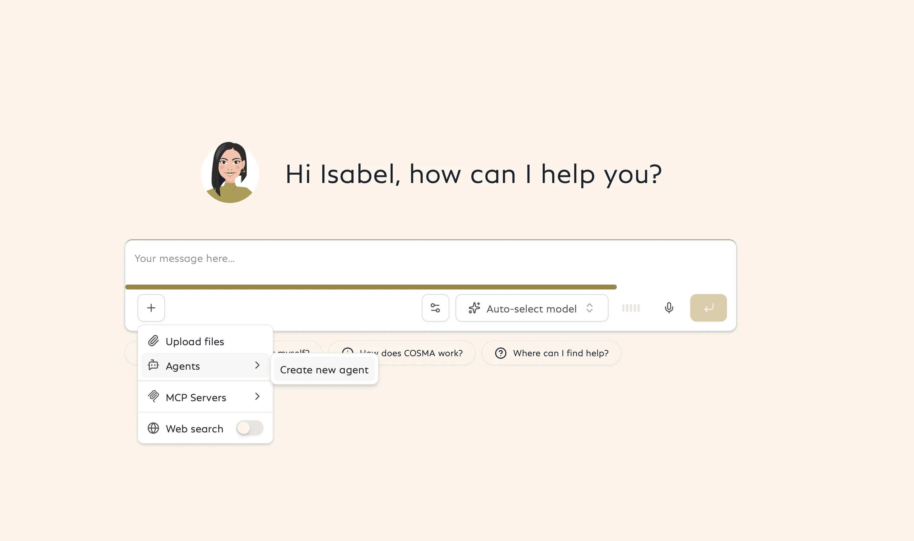 Screenshot of the COSMA user interface showing the menu for creating AI agents. 