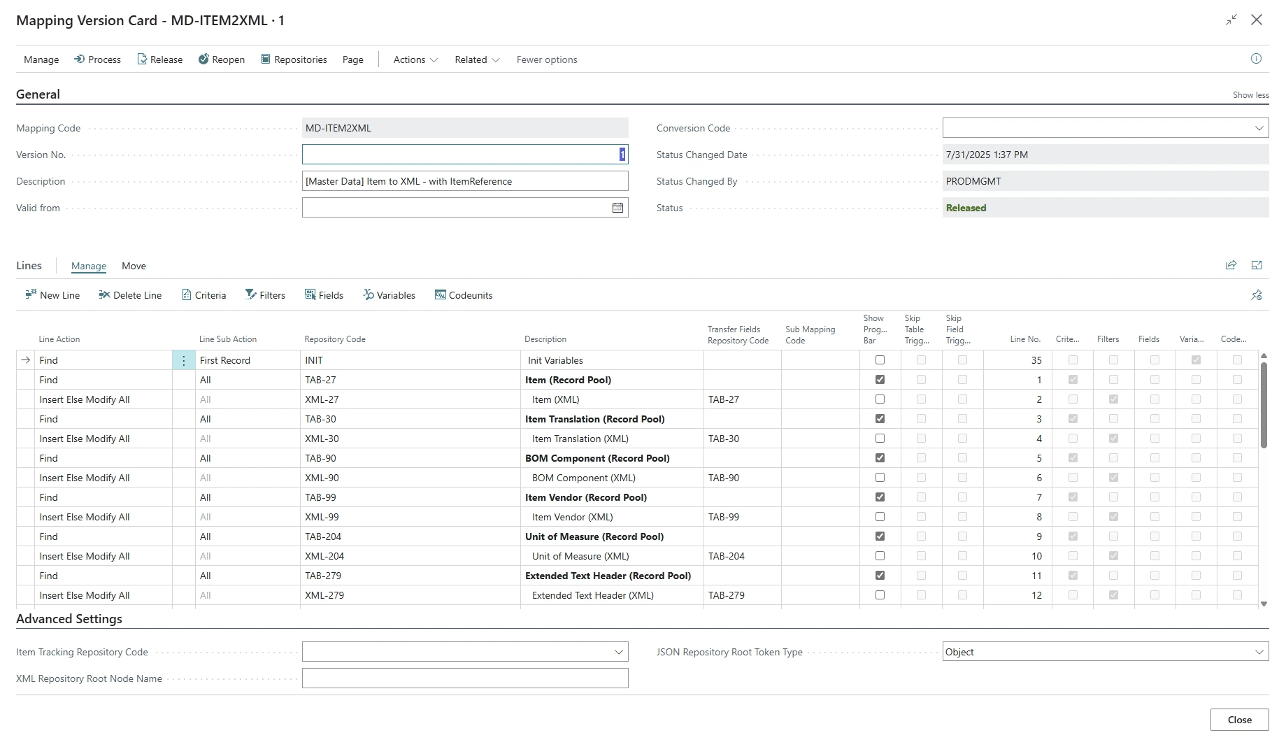 Mapping-Version im Data Integration Framework zur Konfiguration von Stammdaten-Mappings in Business Central. 