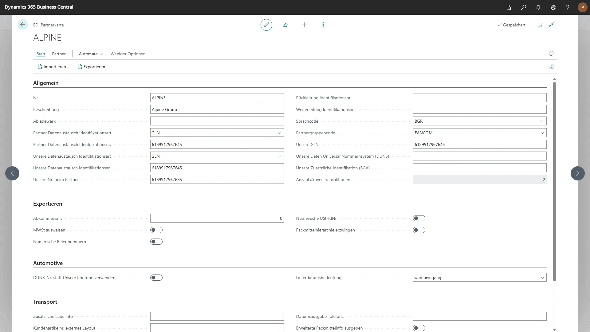 Partnerkarte zur Verwaltung von EDI-Geschäftspartnern in Microsoft Dynamics 365 Business Central