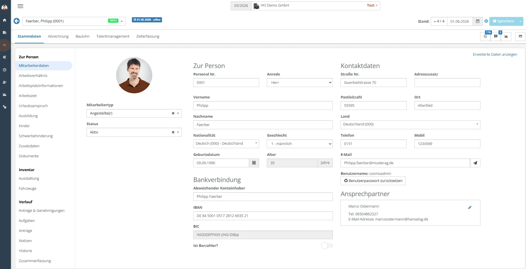 Mitarbeiterkarte mit Stammdaten persönlichen Informationen und Kontaktdaten