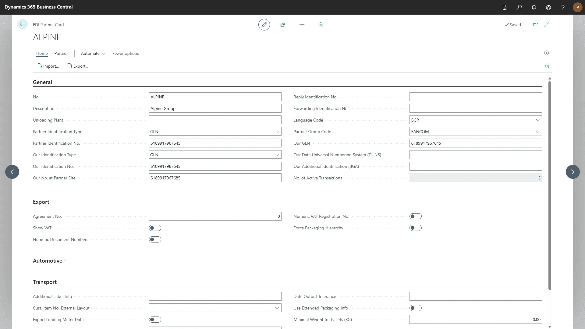 Partner card for managing EDI business partners in Microsoft Dynamics 365 Business Central