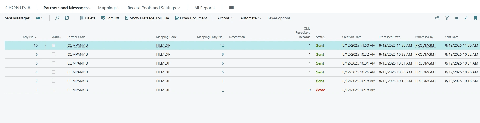 Liste gesendeter Nachrichten im COSMO ERP Data Integration Framework mit Details zu Datentransfer und Status. 
