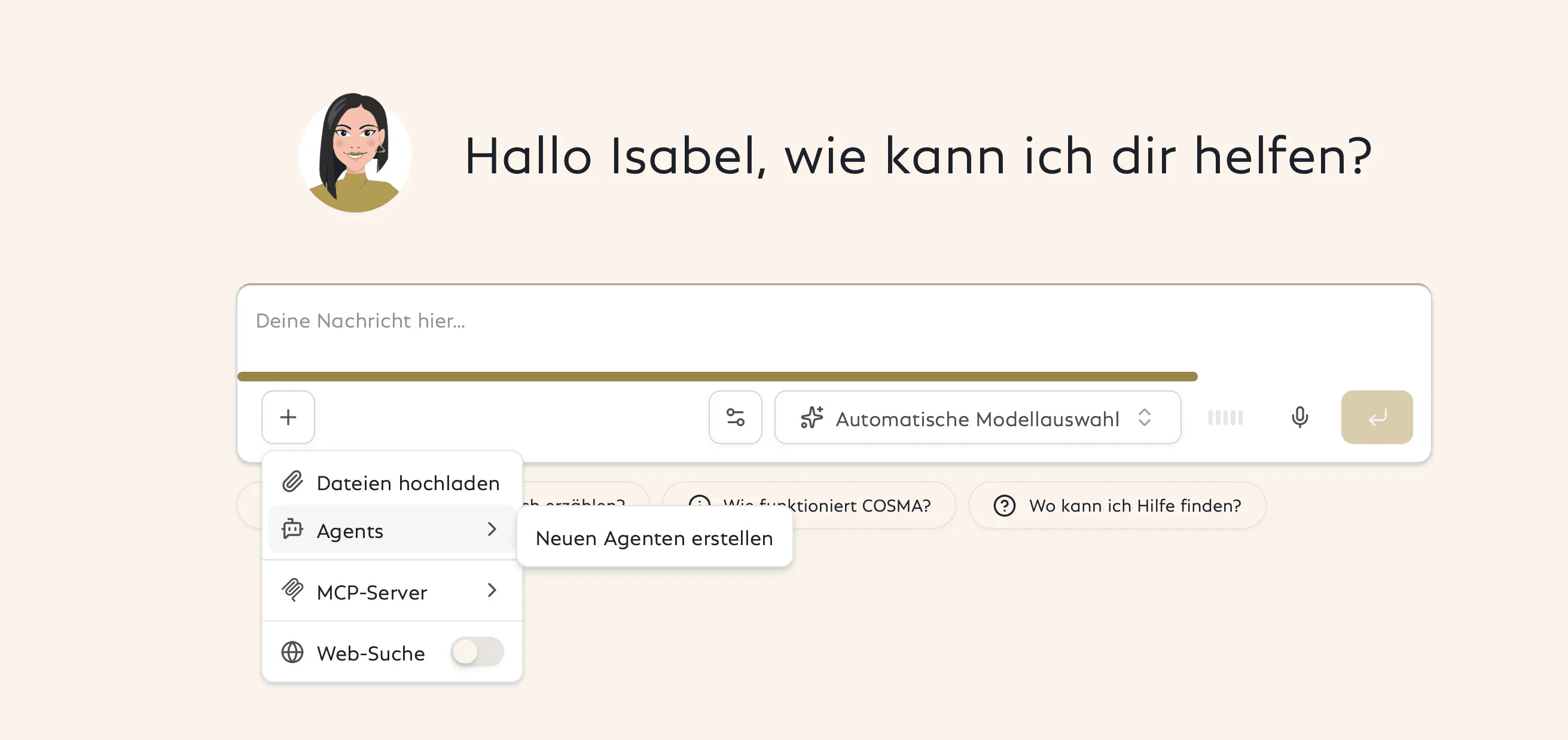 Screenshot der COSMA Benutzeroberfläche mit dem geöffneten Menü für das Erstellen von KI-Agenten. 