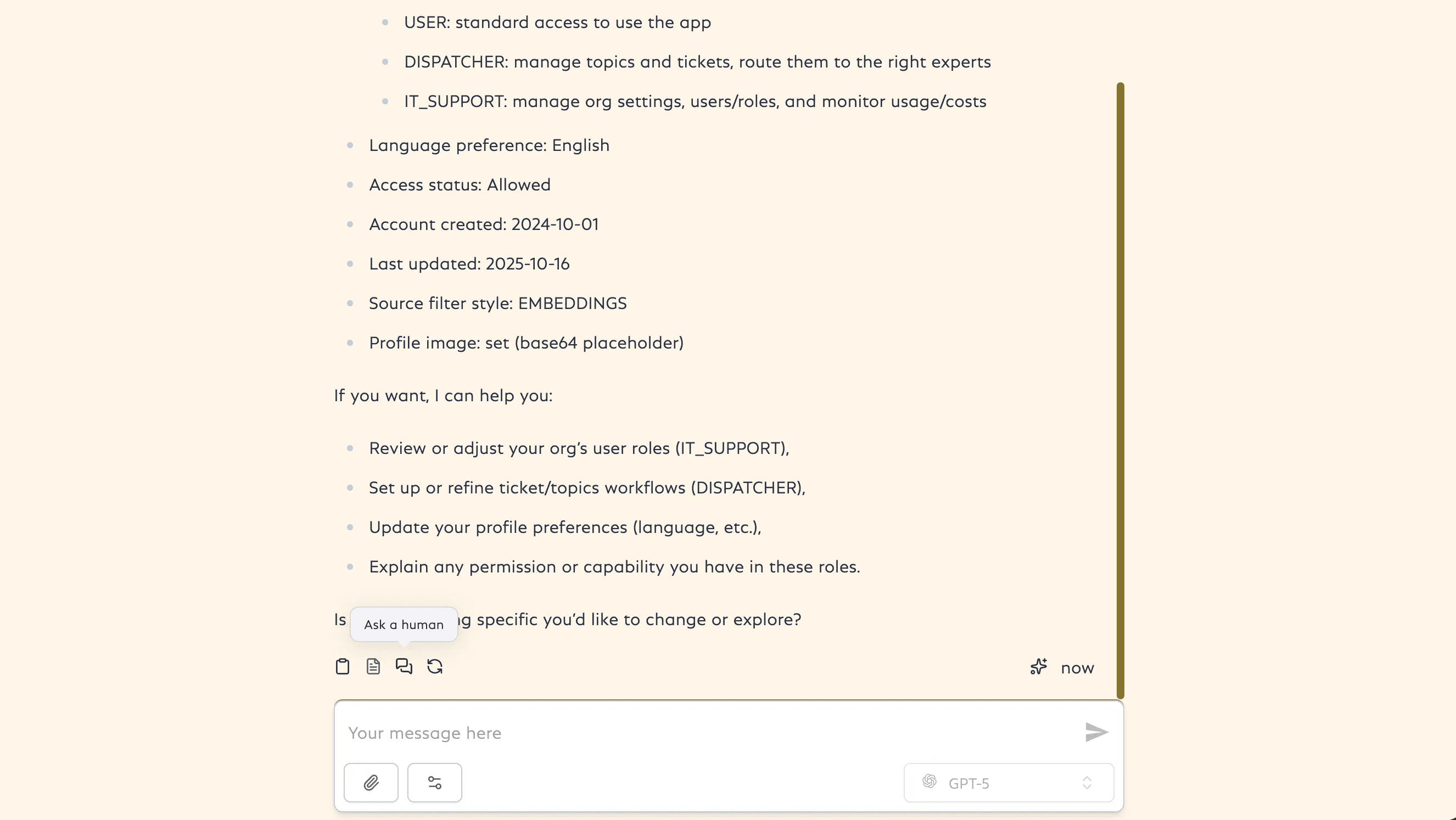 Screenshot of a detailed COSMA Chat response with feedback icons displayed and the “Ask a human” tooltip highlighted above the input field. 