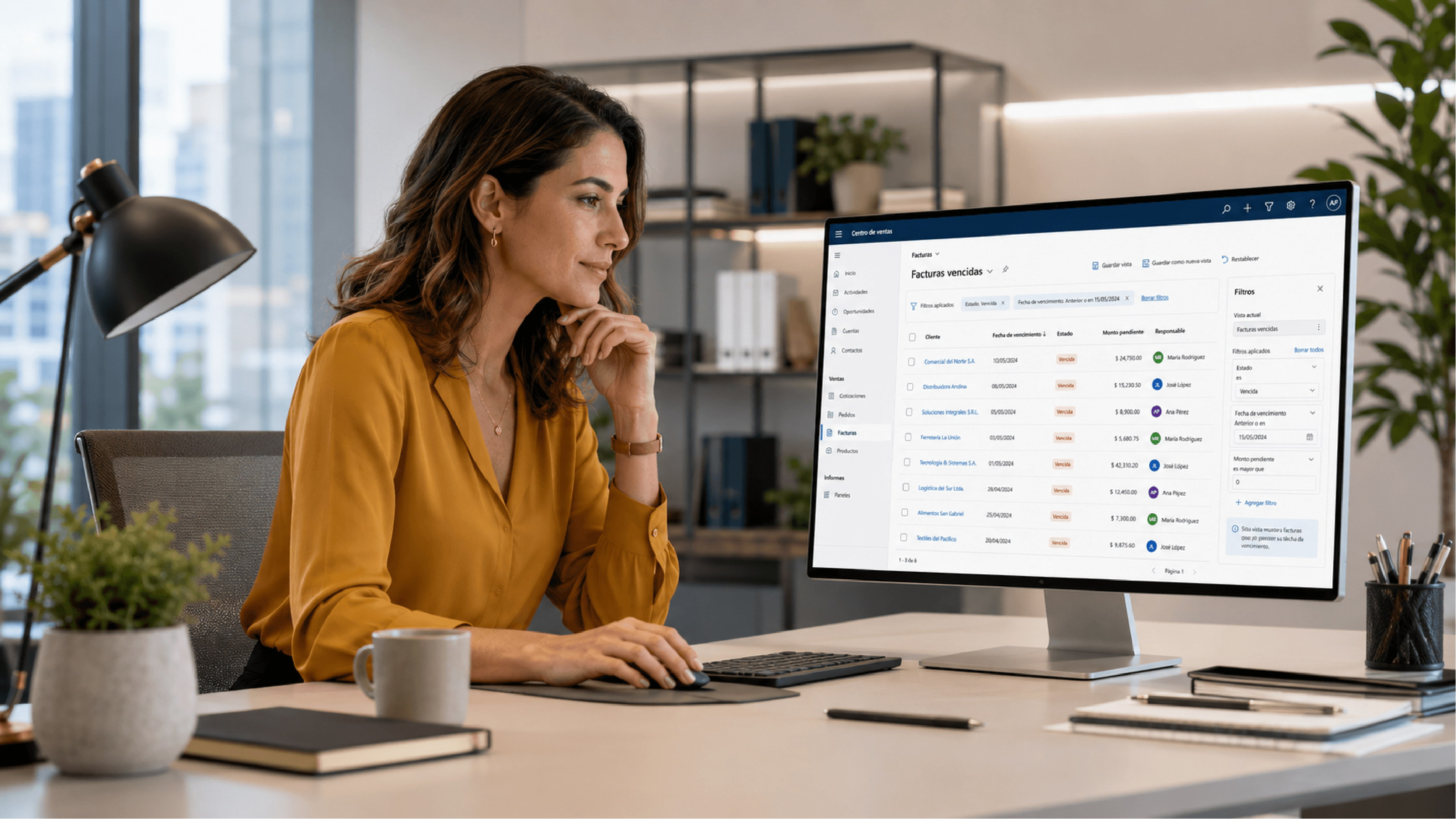 Profesional trabajando en Dynamics 365 con filtros y vistas guardadas para ahorrar tiempo.