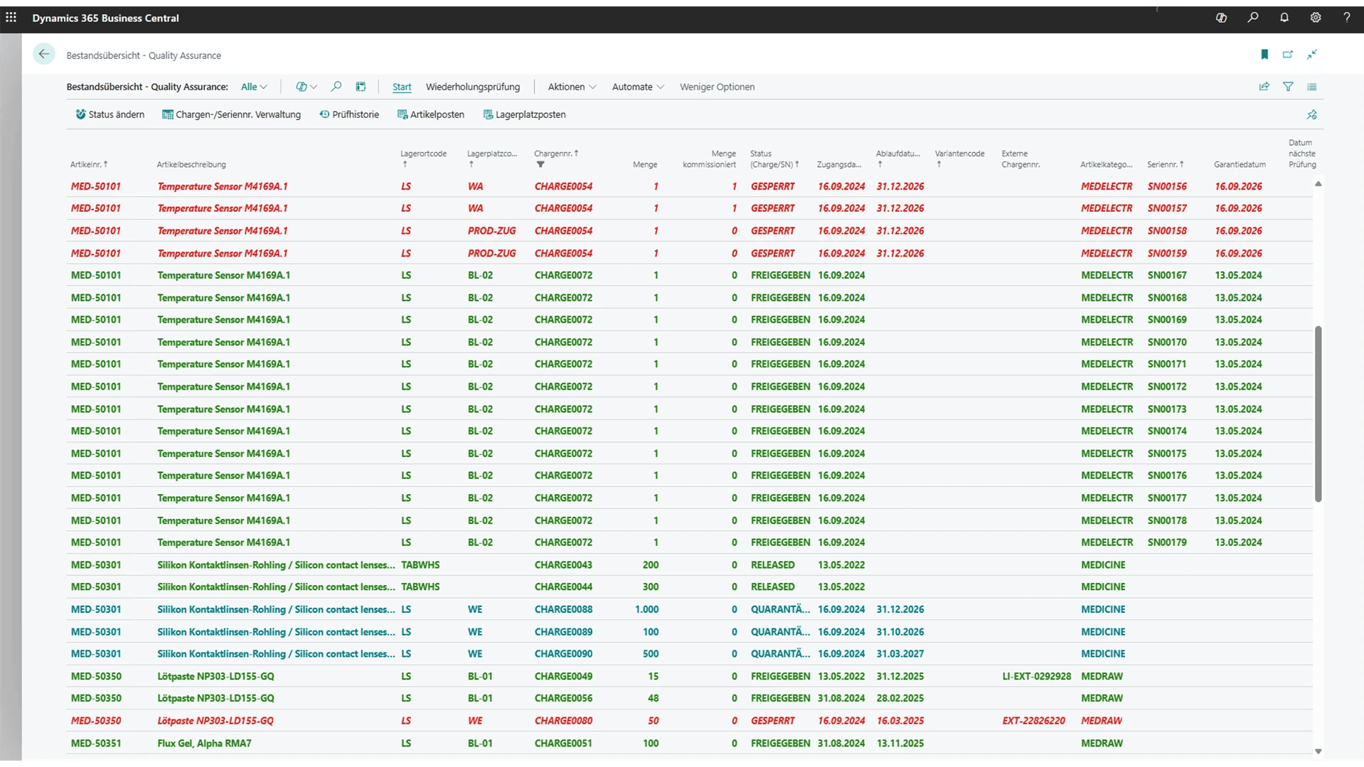 Qualitätssicherung und Chargenmanagement in COSMO ERP MedTech Manufacturing Bestandsübersicht und Status der Qualitätssicherung in Microsoft Dynamics 365 Business Central.