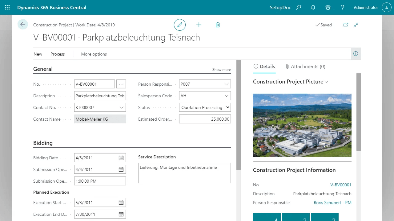 Project overview in the ERP for construction projects ERP software, construction industry, project overview and construction project management in Microsoft Dynamics 365.