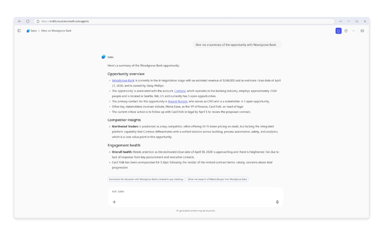 Resumen de oportunidades comerciales generado por Microsoft Sales Agent