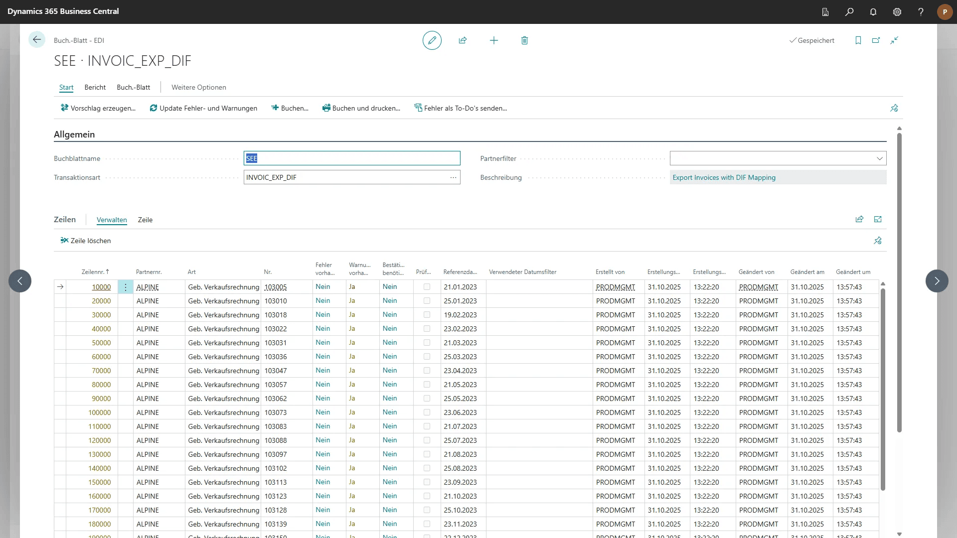 EDI Business Central: EDI-Buchblatt mit Transaktionsübersicht in COSMO ERP EDI EDI-Buchblatt mit Transaktionsübersicht in Microsoft Dynamics 365 Business Central