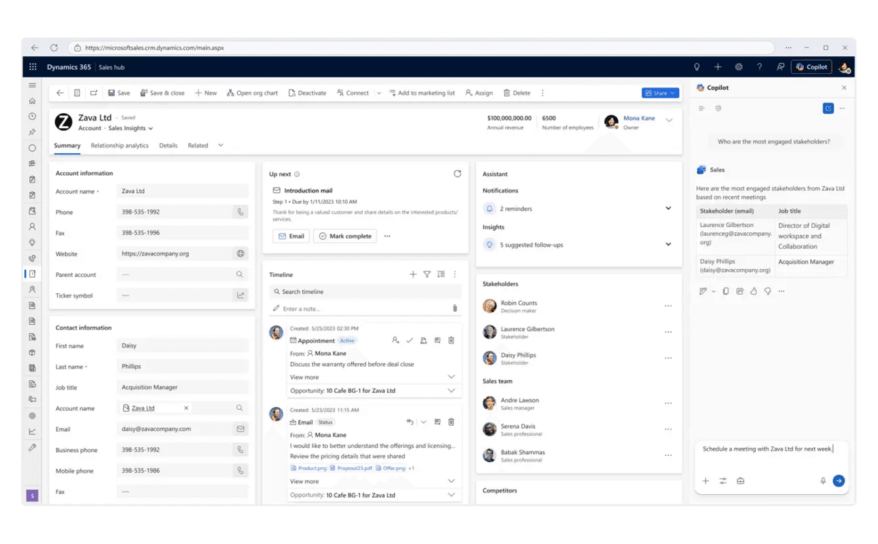 Microsoft Sales Agent integrado en Dynamics 365 Sales para consultar información del CRM