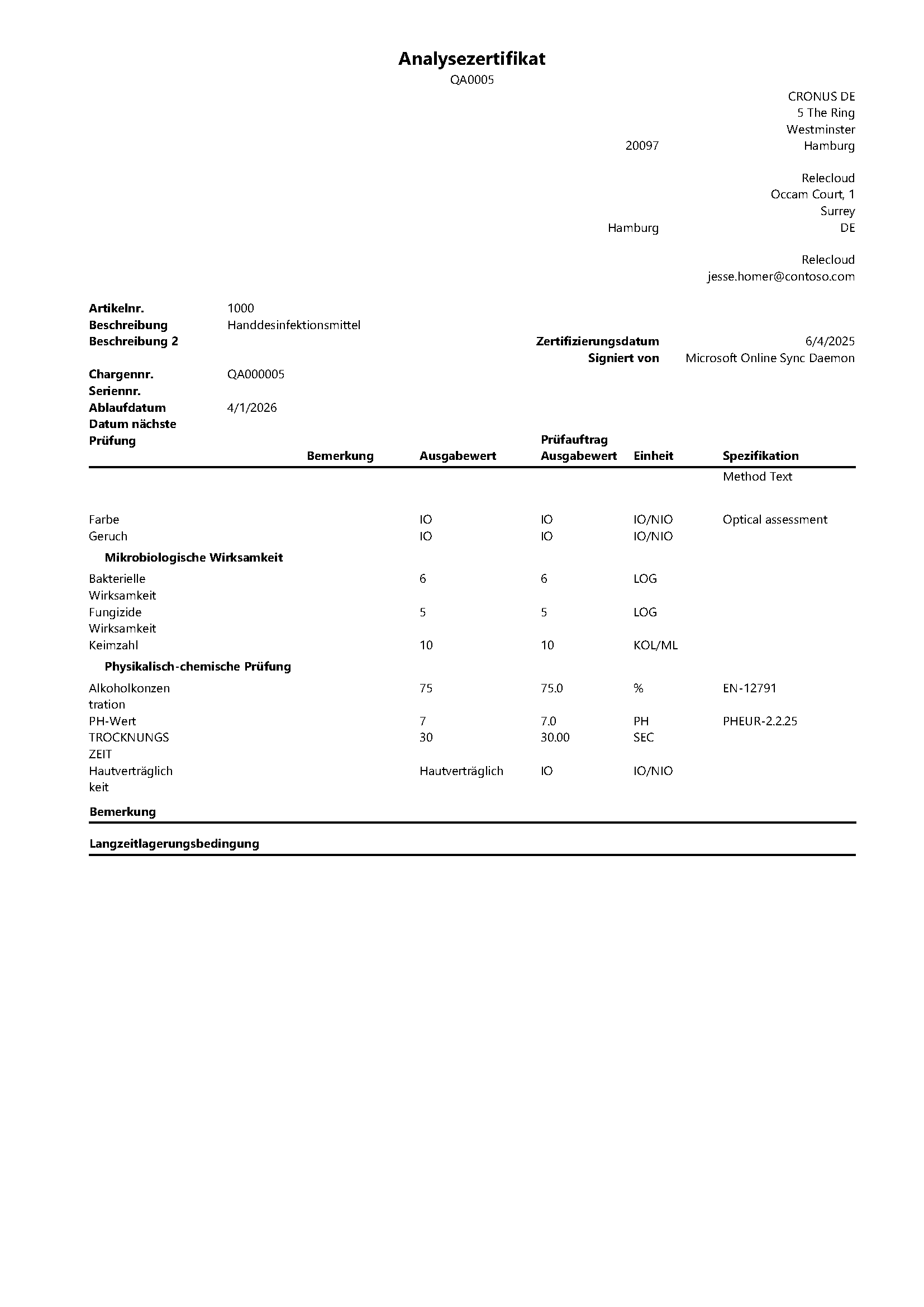 Erstellung von Analysezertifikaten mit COSMO ERP Quality Assurance