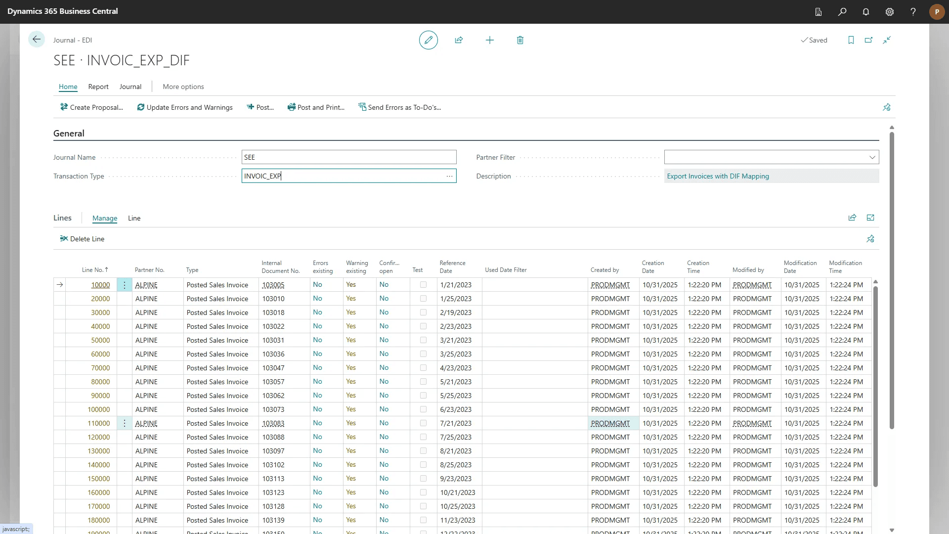 EDI Business Central: EDI journal with transaction overview in COSMO ERP EDI EDI journal with transaction overview in Microsoft Dynamics 365 Business Central