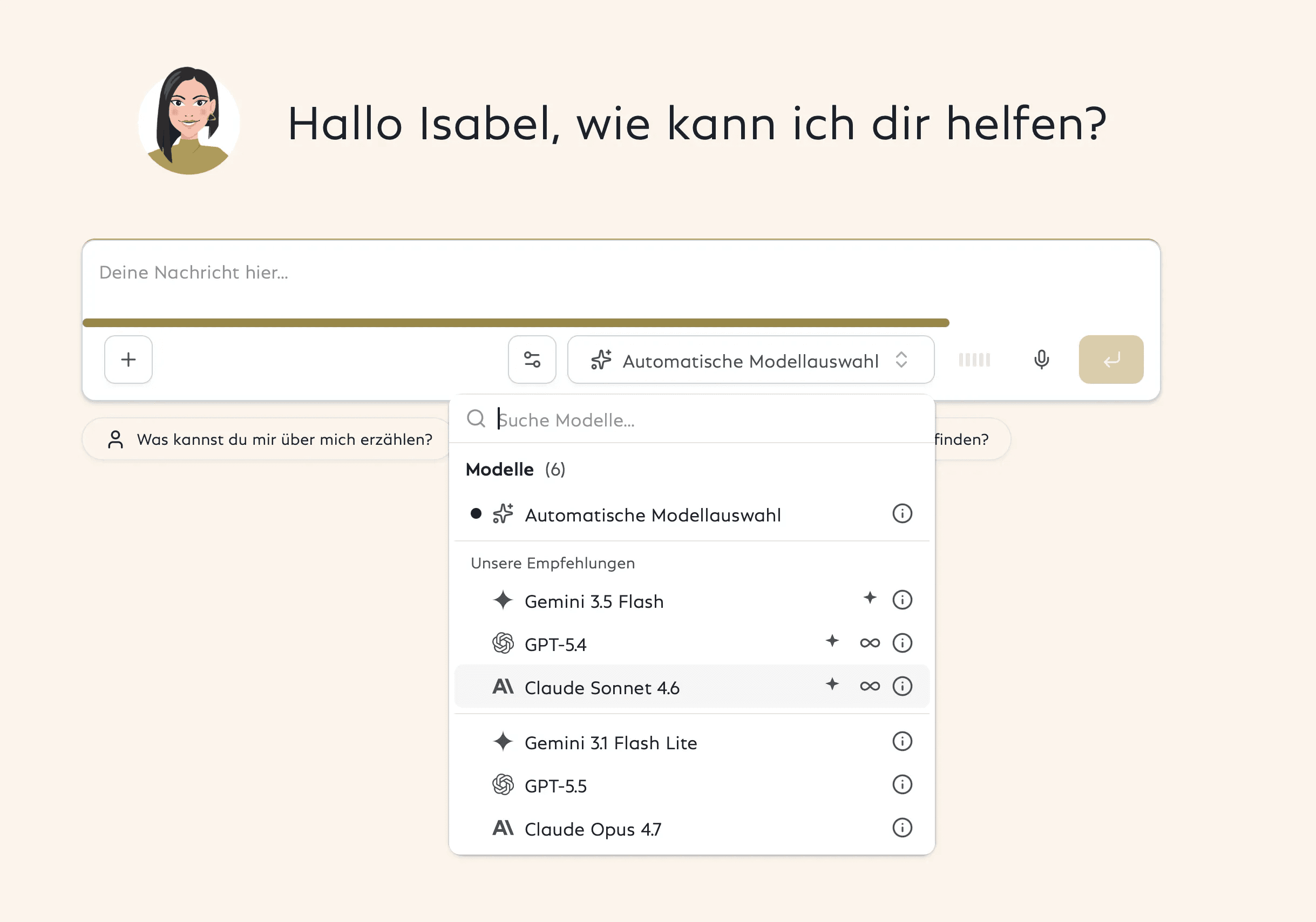 COSMA KI-Plattform: Multi-LLM Modellauswahl im Chat-Interface Screenshot des Chat-Eingabefelds der COSMA KI-Plattform mit der geöffneten Modellauswahl für künstliche Intelligenz wie Gemini, GPT und Claude unter dem Begrüßungstext.