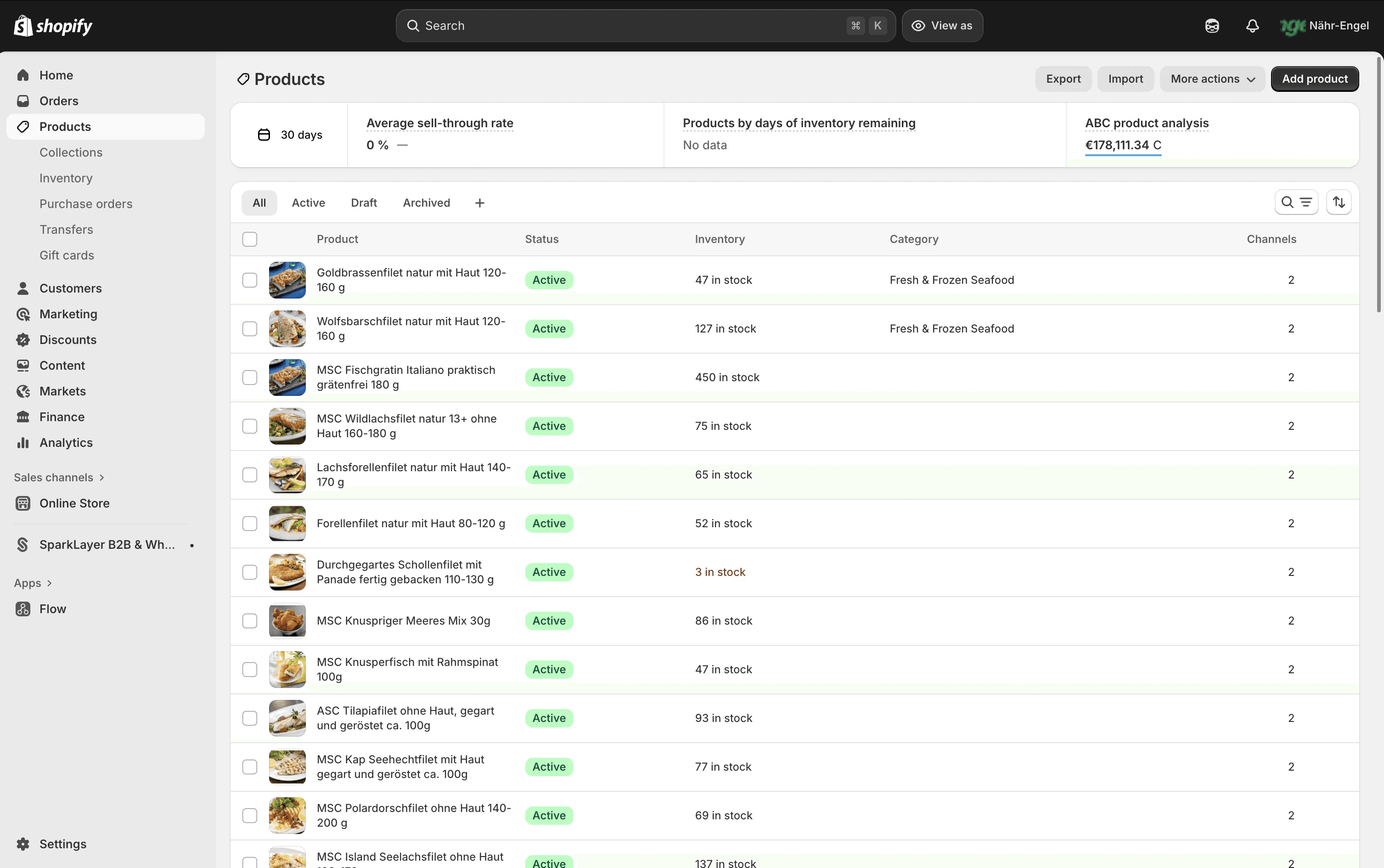 Shopify ERP Integration – Produktverwaltung und Bestandsübersicht Produktverwaltung im Shopify ERP – Übersicht für Bestände, Status und Kategorien.
