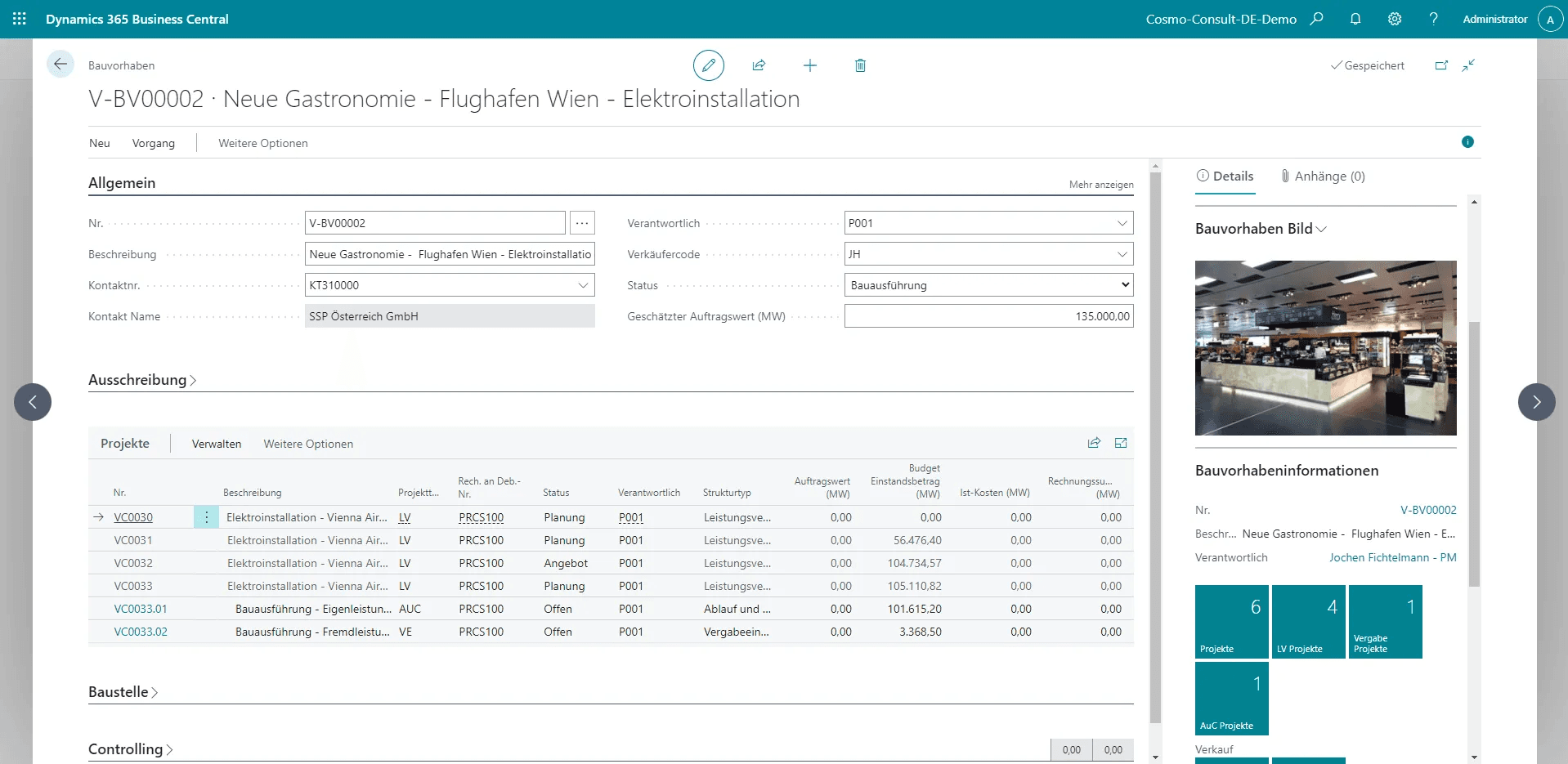 Projektübersicht im ERP für Bauprojekte ERP-Software, Baugewerbe, Projektübersicht und Bauvorhabenverwaltung in Microsoft Dynamics 365.