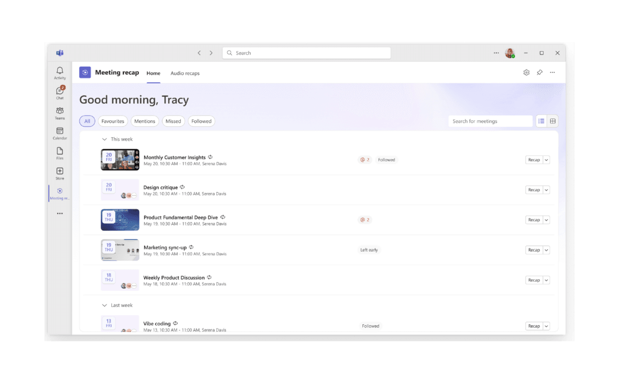 Aplicación Meeting Recaps de Microsoft Teams con resúmenes generados por Copilot