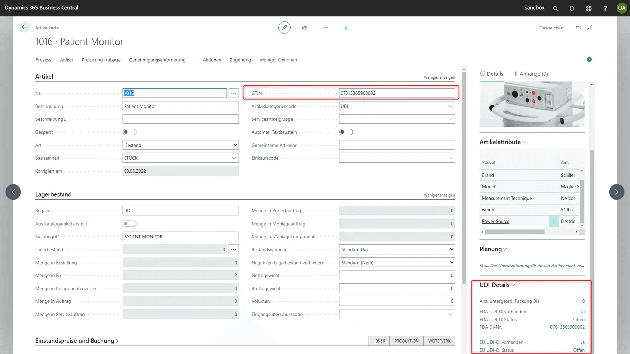 Artikel mit UDI-Informationen in COSMO ERP Unique Device Identification