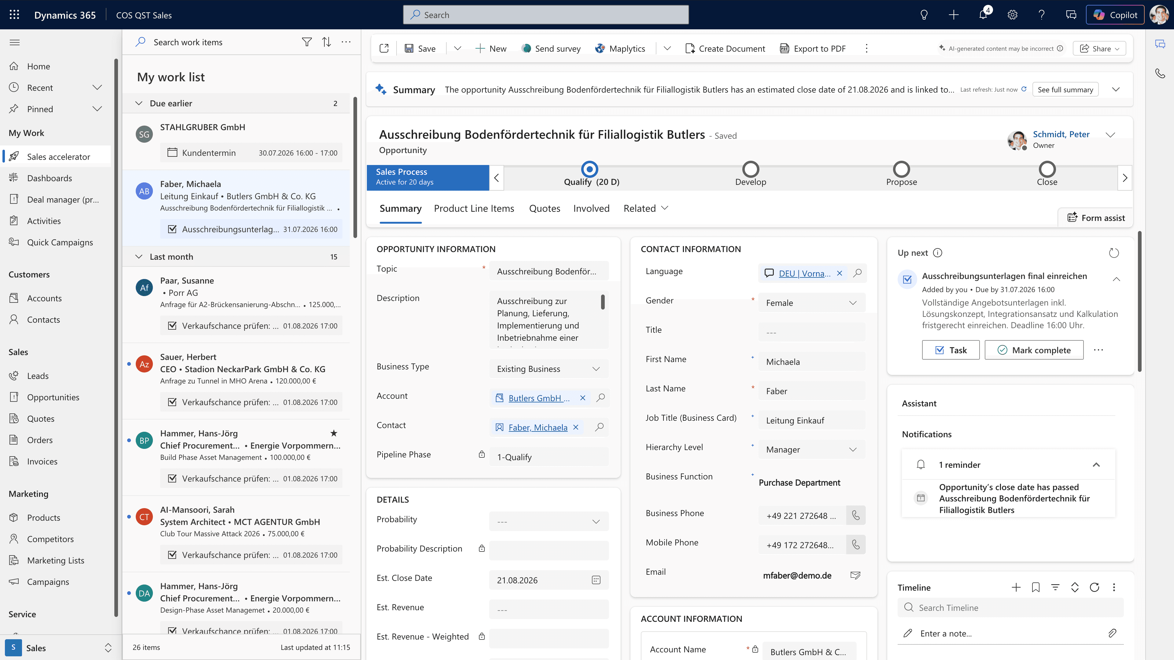 Sales CRM: Worklist – overview of activities and tasks Worklist in the CRM for sales with activities, tasks and sales opportunities for Microsoft Dynamics 365 Sales