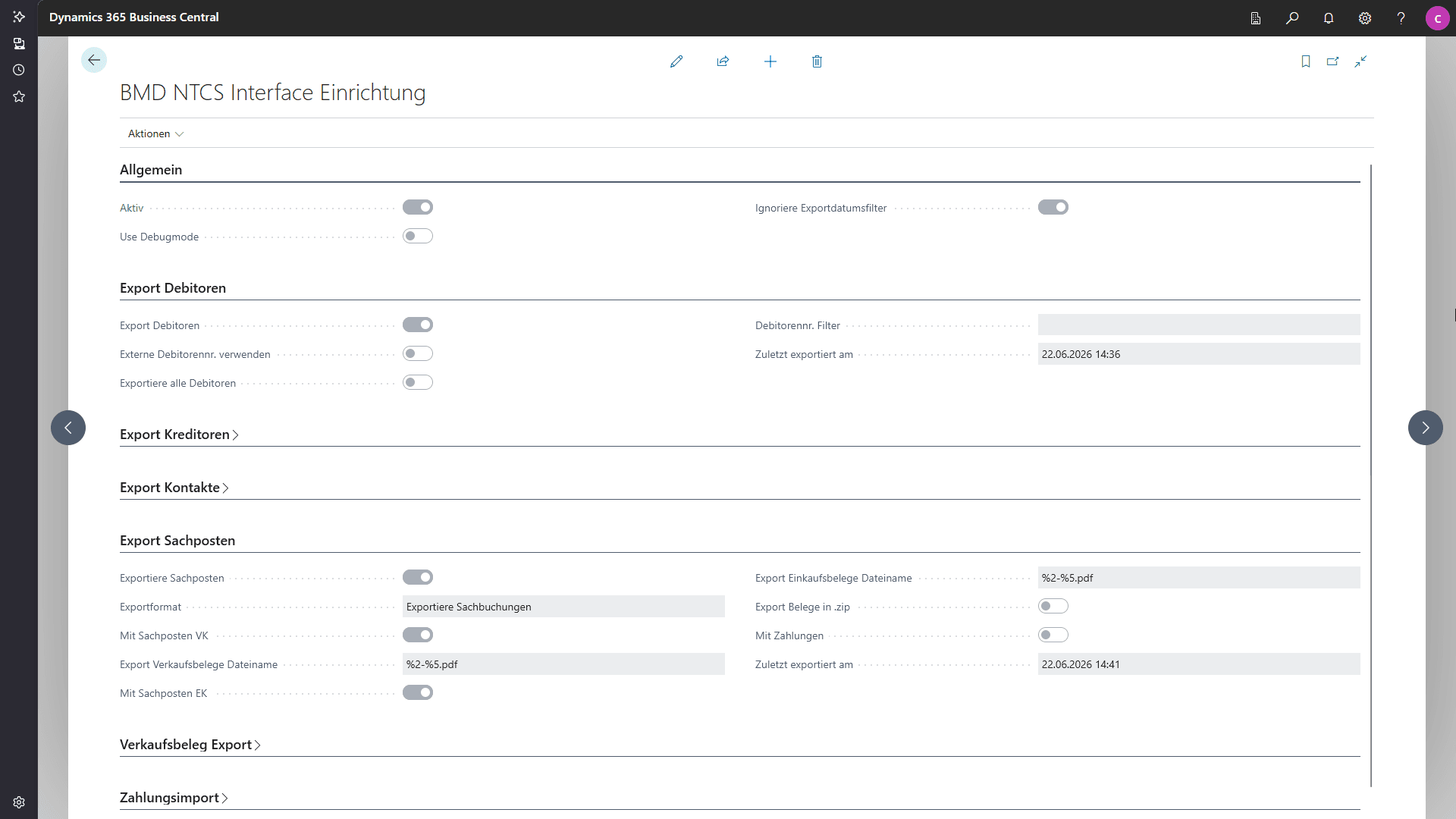 COSMO ERP BMD NTCS-Interface – Setup für Finanzdatenaustausch zwischen Business Central und BMD NTCS. BMD-NTCS-Interface-Setup in Microsoft Dynamics 365 Business Central mit Einstellungen für Stammdaten-, Beleg- und Zahlungsexporte.