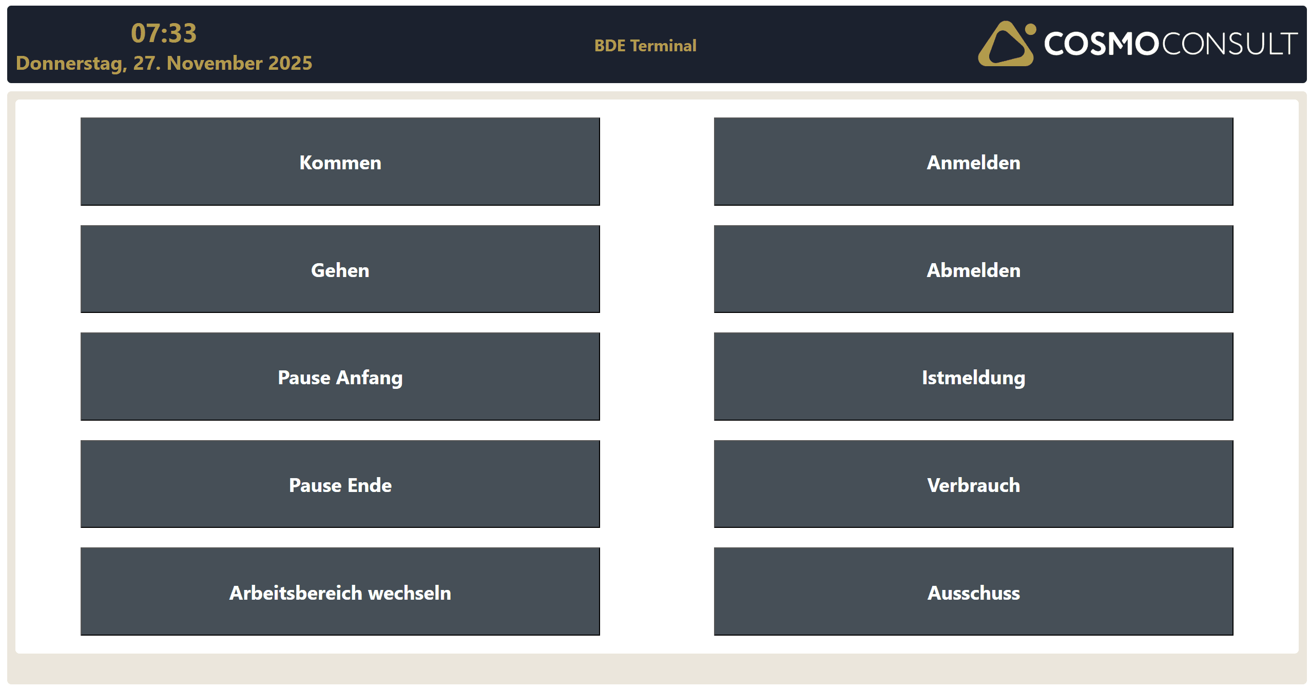 BDE-Software mit Terminal-Menü für BDE, PZE und Auftragszeiterfassung – COSMO ERP Factory Data Capture. Terminal-Menü für BDE, PZE und Auftragszeiterfassung am Shopfloor in Microsoft Dynamics 365 Business Central.