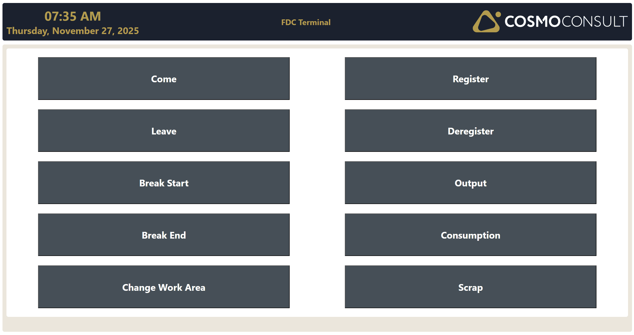 BDE software with terminal menu for BDE, PZE, and job time tracking – COSMO ERP Factory Data Capture. Terminal menu for BDE, PZE, and job time tracking on the shop floor in Microsoft Dynamics 365 Business Central.
