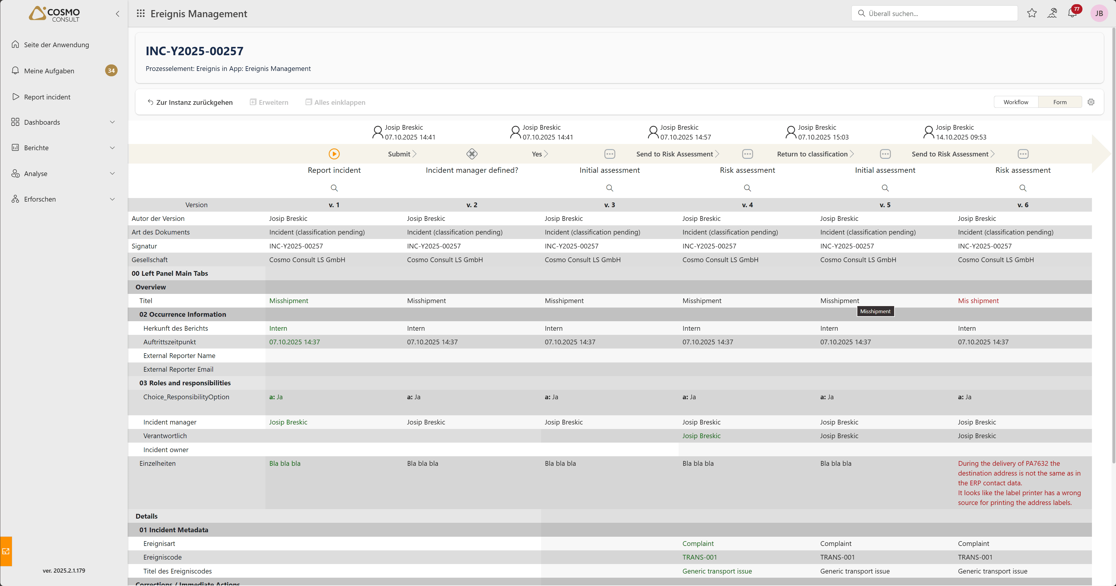 Audit Trail in der Incident Management Software COSMO M365 Incident Management. Audit Trail mit Risikobewertung und Maßnahmen in der Incident Management Software.
