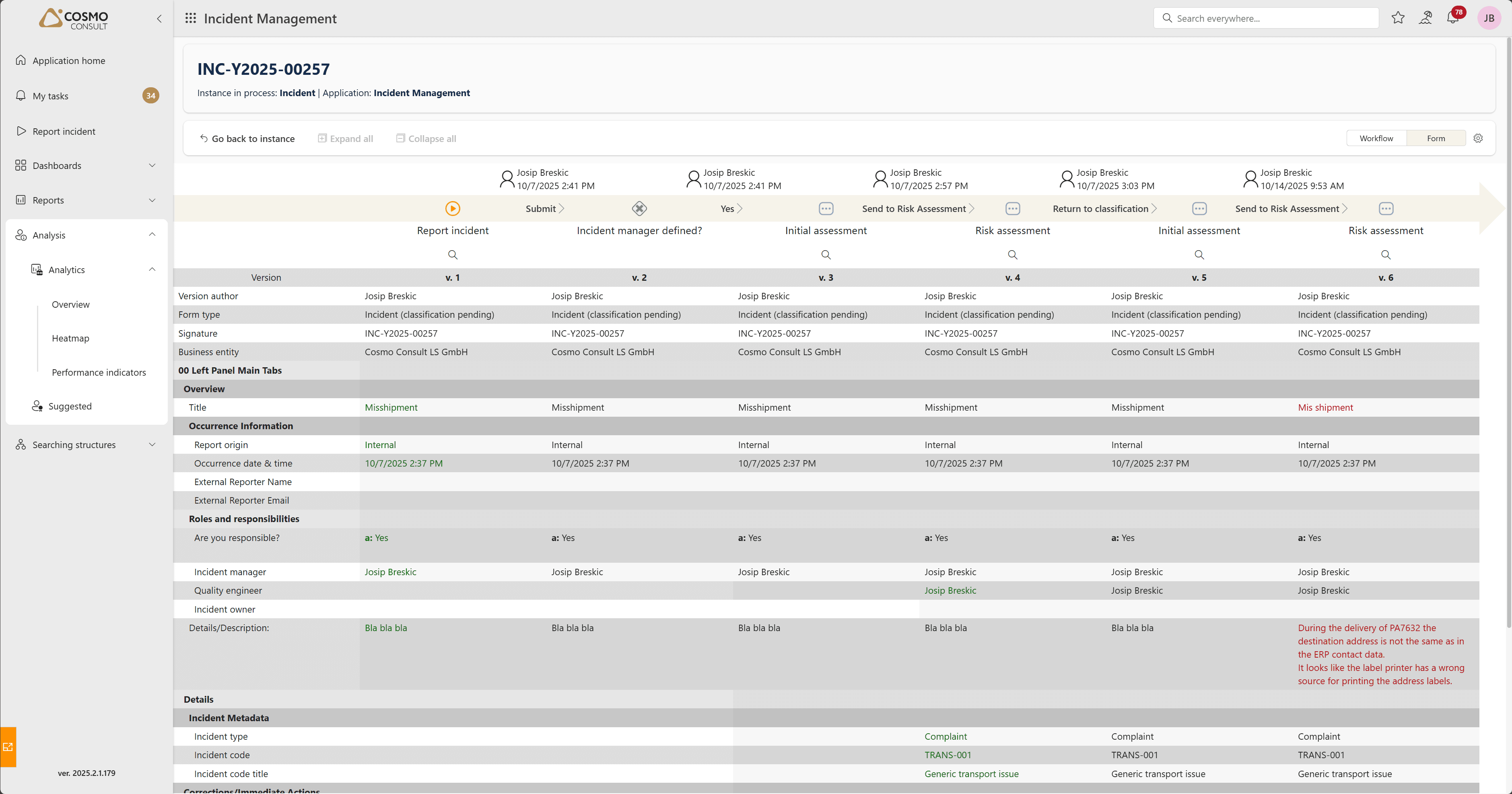 Audit trail in COSMO M365 Incident Management incident management software. Audit trail with risk assessment and actions in the incident management software.