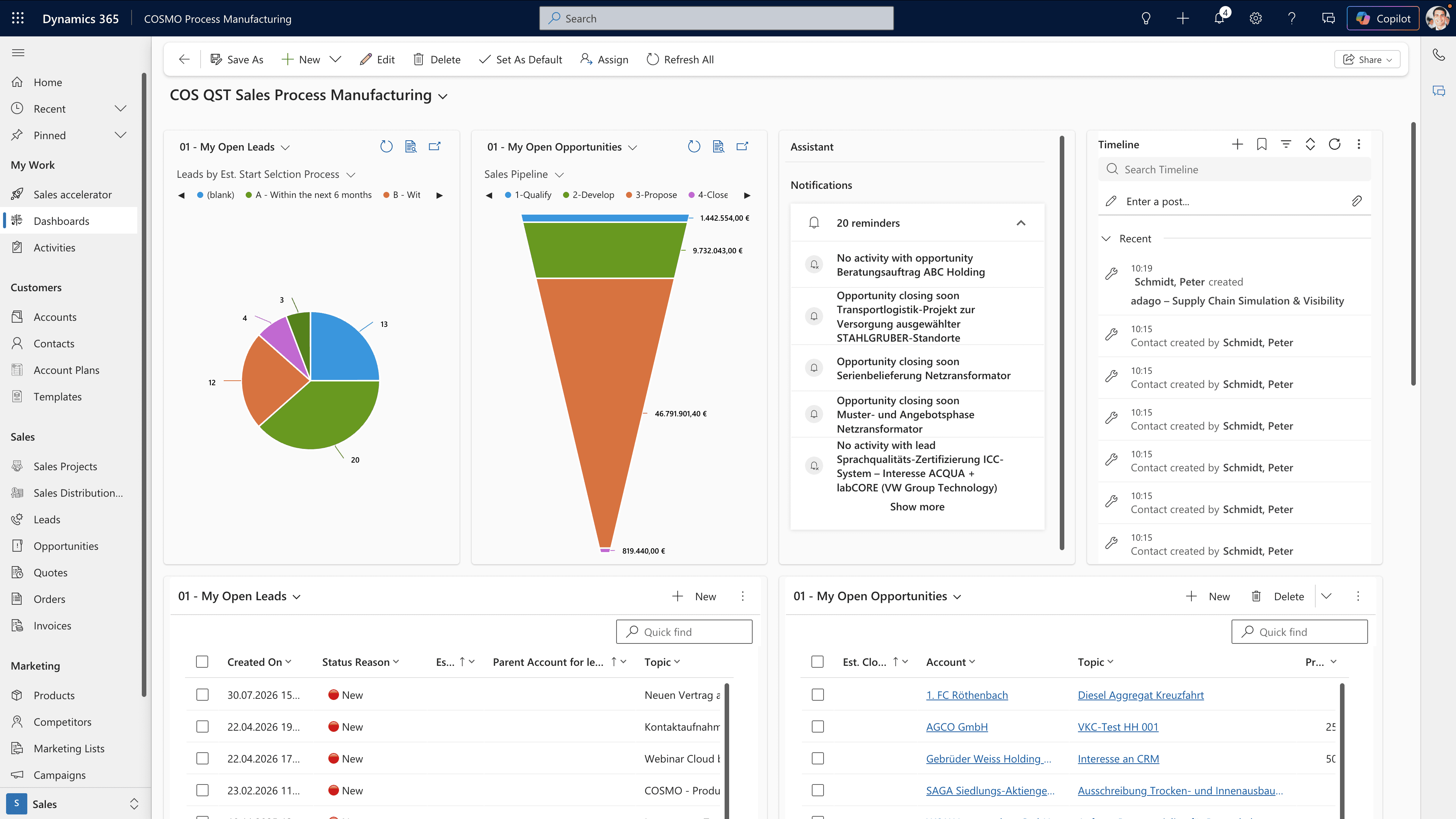 Sales Dashboard – Leads and Sales Opportunities in the Manufacturing CRM Sales dashboard with lead and sales opportunity overview in the Manufacturing CRM for the process industry.