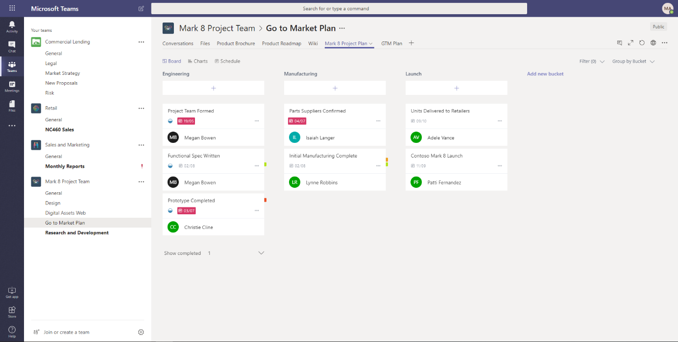 Tasks can be managed in Microsoft Teams thanks to the integration of Microsoft Planner.