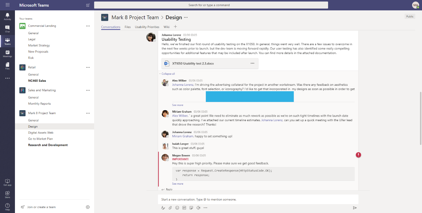 Microsoft Teams simplifies and speeds up conversations about text drafts or graphic designs.