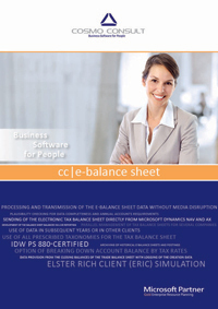 Factsheet cover of cc|e-balance sheet for Microsoft Dynamics NAV. With the e-balance sheet, you can easily create an electronic tax balance sheet from the trade balance sheet in Microsoft Dynamics NAV or Microsoft Dynamics AX.