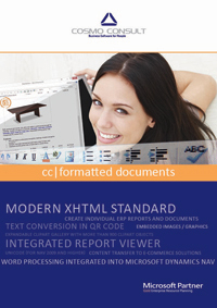 Factsheet cover of cc|formatted documents: With formatted documents, users have the ability to enhance the appearance of reports/documents through the use of an integrated word processor directly in Microsoft Dynamics NAV.