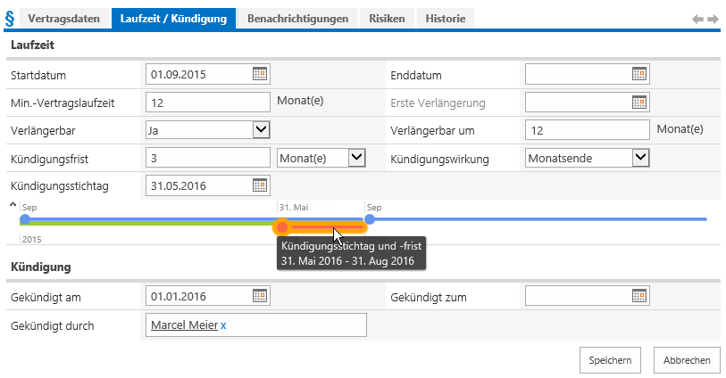 Screenshot: Sharepoint - Contract Term and Deadline easily managed